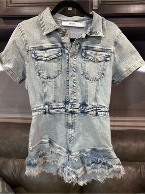 Light Wash Denim Romper Jumpsuit - Short Sleeve Fringe Hem